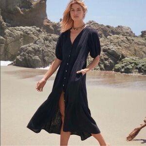 Black Button-Front Midi Dress - Women's Elegant V-Neck